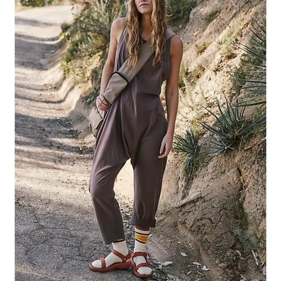 Free People Pants - Free People Movement Washed Brown Sleeveless Hot Shot Twisted Jumpsuit Sz S